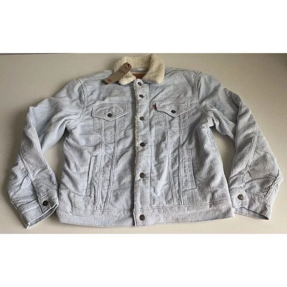 Levi’s Women’s Sz M Ex-Boyfriend Corduroy Trucker Jacket Baby Blue Sherpa Lined - Picture 1 of 12